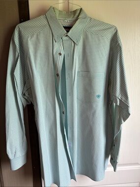 XL Ariat Pro Series Blue & White Checked Button-Down Shirt